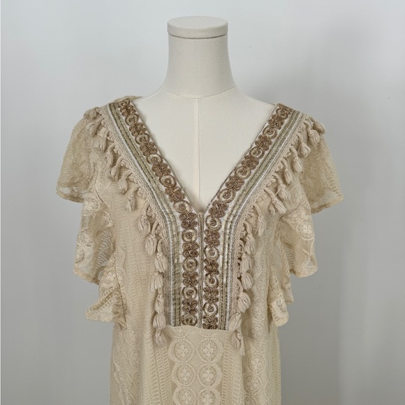 Vanessa Alexandra Lace Dress, Medium, Ivory/Cream, Boho, Gold Sequin - Picture 2 of 4